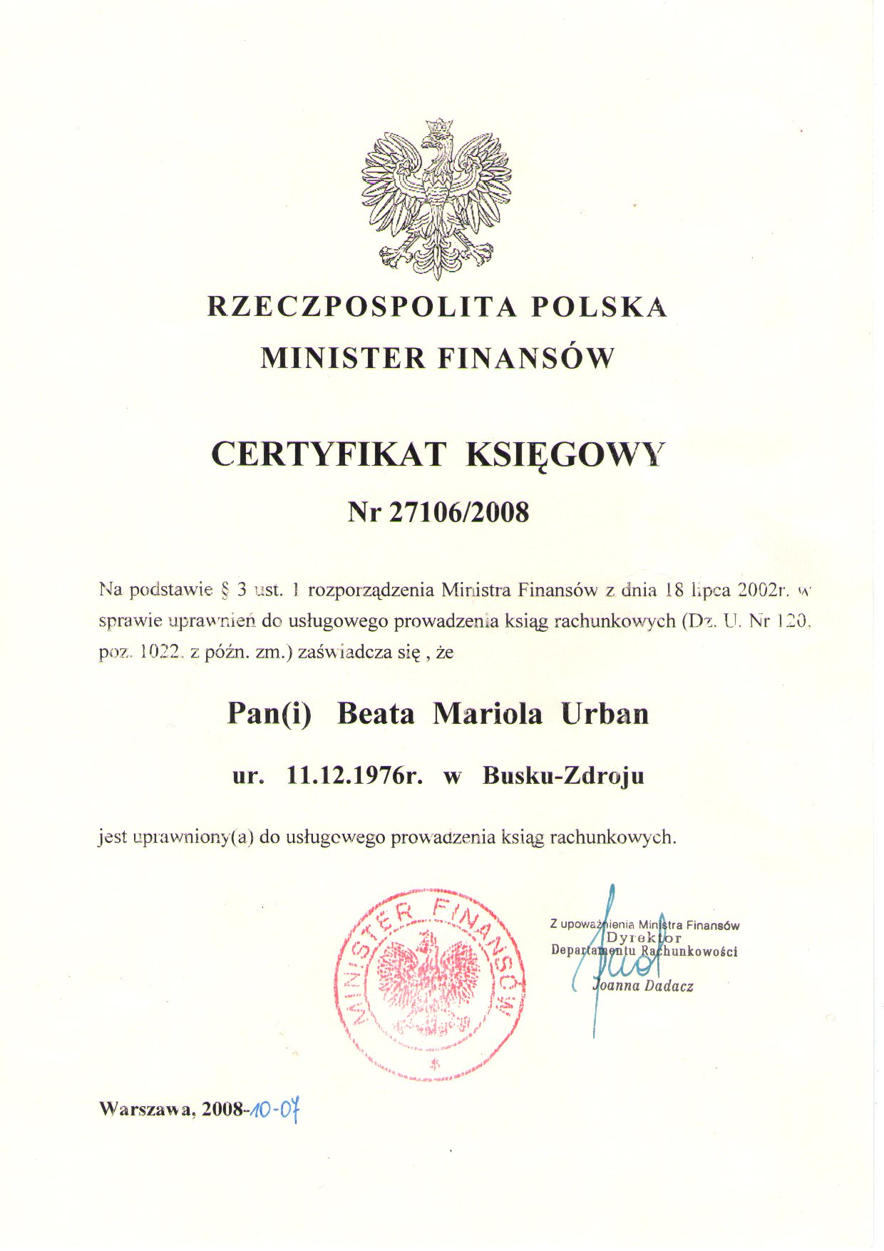 Certyfikat Księgowy Ministra Finansów 27106/2008